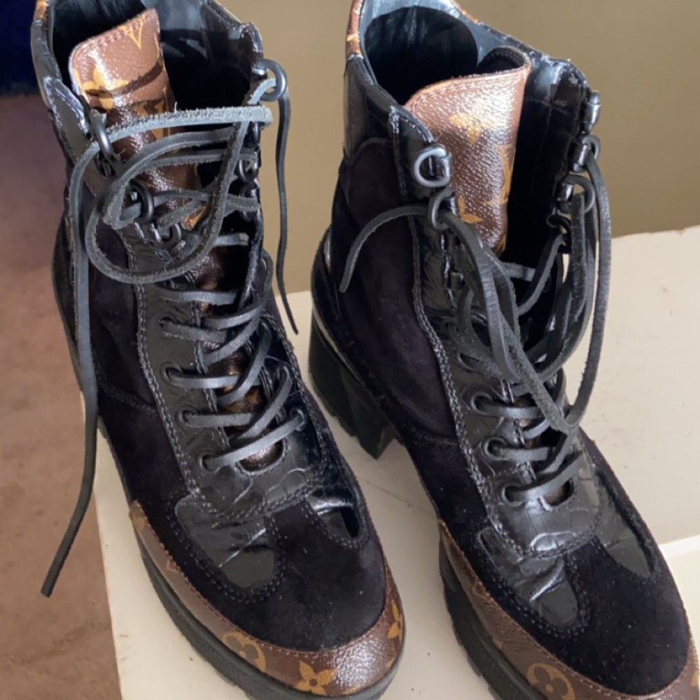 Louis Vuitton Black and Brown Monogram Combat Boots